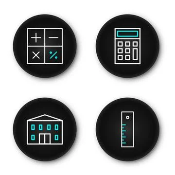 Set line Ruler, School building, Calculator and  icon. Vector Ilustración de archivo