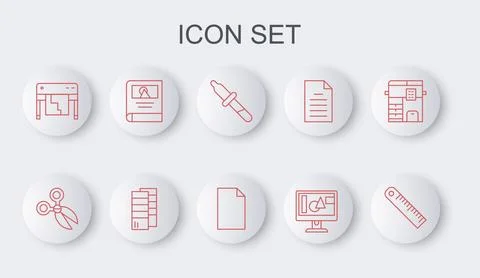 Set line Ruler, Scissors, Pipette, Computer monitor screen, Plotter, Photo .. Stock Illustration