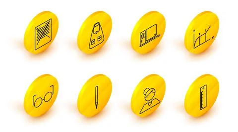 Set line Ruler, Teacher, Pen, Glasses, Pie chart infographic, Computer monitor Illustrazione stock