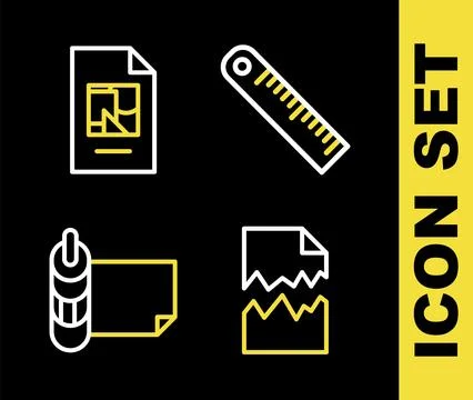 Set line Ruler, Torn document, Roll of paper and File icon. Vector Stock Illustration