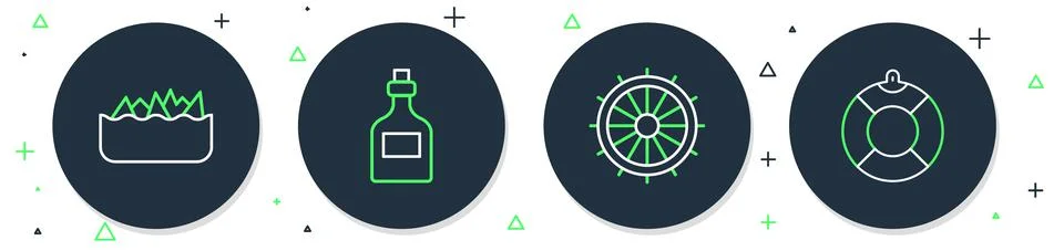 Set line Rum bottle, Ship steering wheel, Sharp stone reefs and Lifebuoy icon Stock Illustration