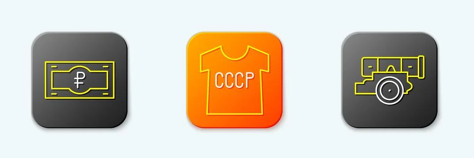 Set line Russian ruble banknote, USSR t-shirt and Cannon icon. Vector Stock Illustration