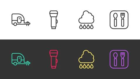 Set line Rv Camping trailer, Flashlight, Cloud with rain and Fork and spoon.. Illustrazione stock