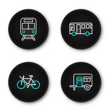 Set line Rv Camping trailer, Bicycle, Bus and Train and railway icon. Vector イラスト素材
