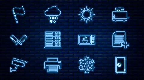 Set line Safe, Add new file, Sun, Server, Data, Web Hosting, Crossed meat Stock Illustration