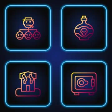 Set line Safe, Arson home, Mafia and Poison in bottle. Gradient color icons Stock Illustration