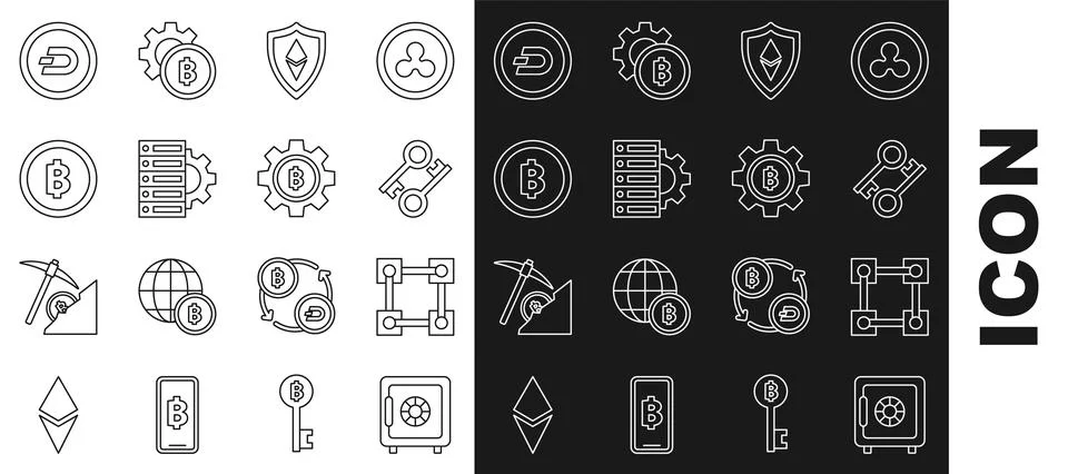 Set line Safe, Blockchain technology, Cryptocurrency key, Shield Ethereum E.. Illustrazione stock