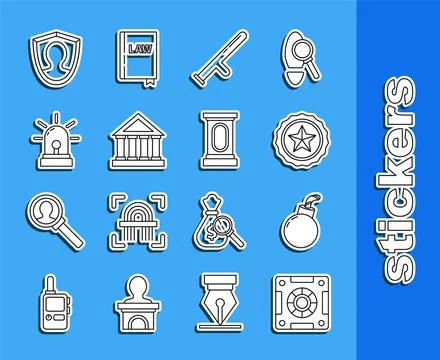 Set line Safe, Bomb ready to explode, Police badge, rubber baton, Courthous.. Stock Illustration