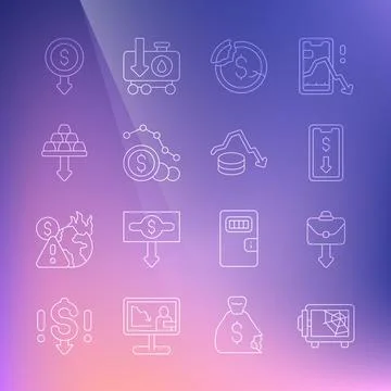 Set line Safe, Briefcase, Mobile stock trading, Dollar rate decrease, Gold bars Stock Illustration