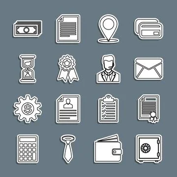 Set line Safe, Certificate template, Envelope, Map pin, Medal with star, Ol.. Stock Illustration