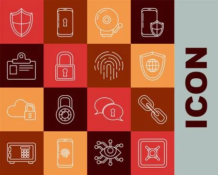 Set line Safe, Chain link, Shield with world globe, Ringing alarm bell, Loc.. Ilustración de archivo