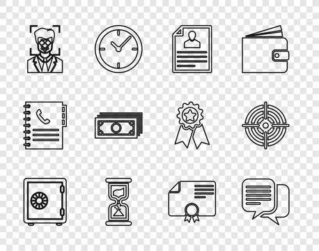 Set line Safe, Chat, Resume, Old hourglass, Face recognition, Stacks paper money Illustrazione stock