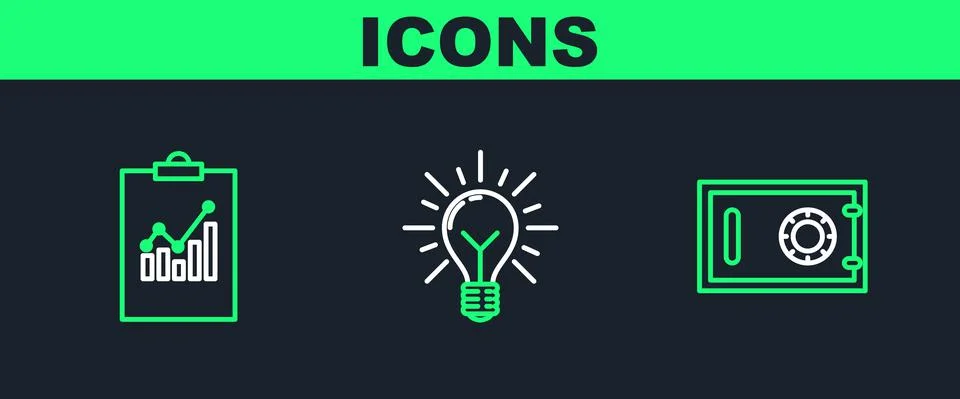 Set line Safe, Clipboard with graph chart and Light bulb rays shine and concept Illustrazione stock