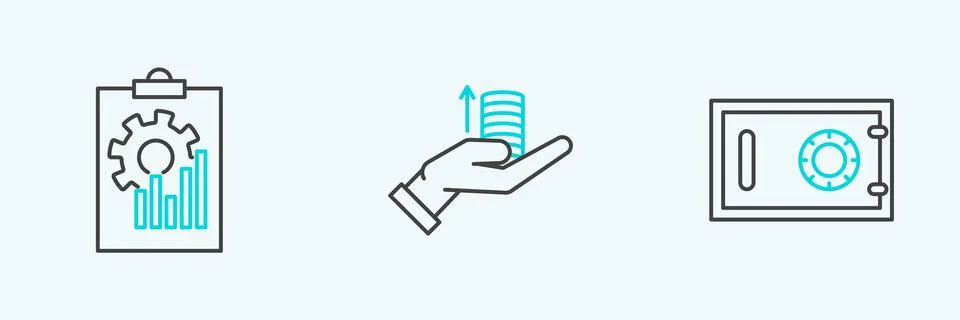 Set line Safe, Clipboard with graph chart and Money on hand icon. Vector Illustrazione stock