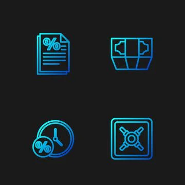 Set line Safe, Clock and percent, Finance document and Stacks paper money cash Illustrazione stock