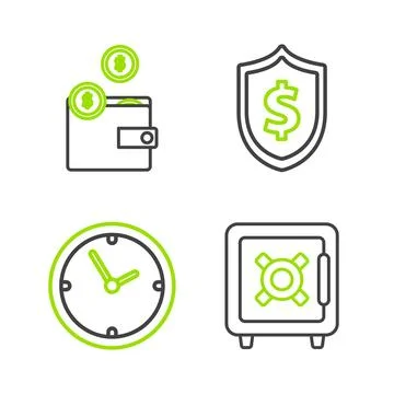 Set line Safe, Clock, Shield with dollar symbol and Wallet coins icon. Vector Stock Illustration