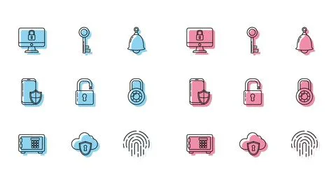 Set line Safe, Cloud and shield, Lock on computer monitor screen, Fingerprint Stock-Illustration