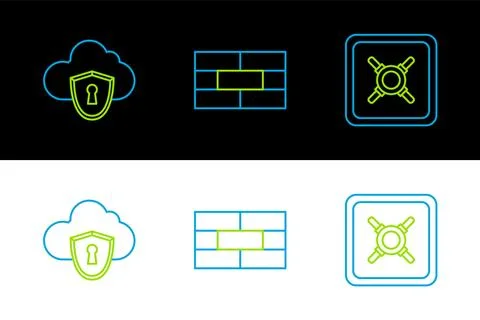 Set line Safe, Cloud and shield and Bricks icon. Vector Illustrazione stock