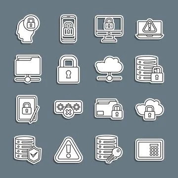 Set line Safe, Cloud computing lock, Server security with, Lock on computer 스톡 일러스트