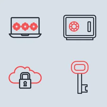 Set line Safe, Cloud computing lock, Old key and Laptop with password icon... Stock Illustration