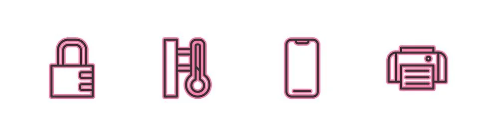 Set line Safe combination lock, Smartphone, Meteorology thermometer and Printer Stock Illustration