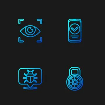 Set line Safe combination lock, System bug, Eye scan and Smartphone. Gradient Stock Illustration