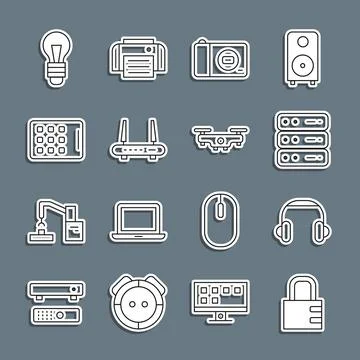 Set line Safe combination lock, Headphones, Server, Data, Web Hosting, Photo Illustrazione stock