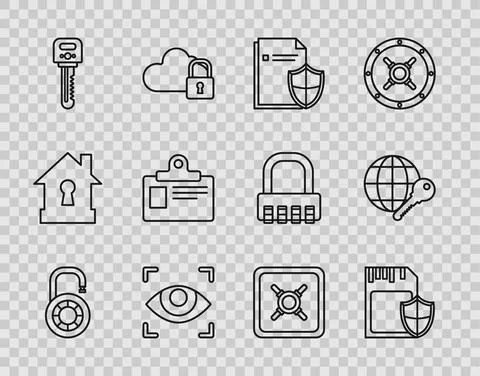 Set line Safe combination lock wheel, SD card and shield, Document protection Illustrazione stock