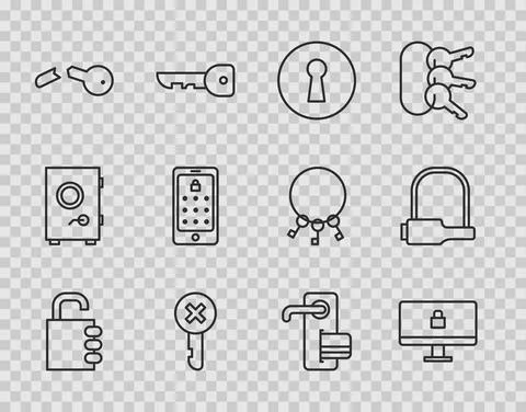 Set line Safe combination lock, Lock computer monitor, Keyhole, Wrong key Stock Illustration