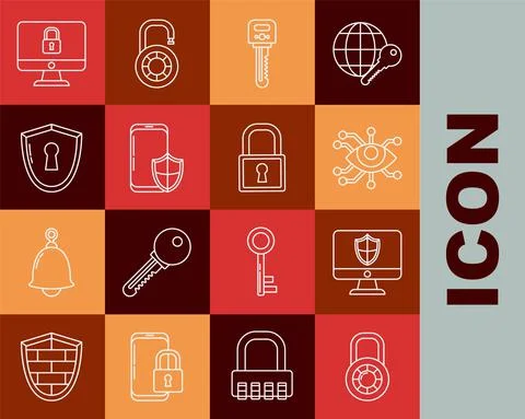 Set line Safe combination lock wheel, Computer monitor and shield, Eye scan, Key Stock Illustration