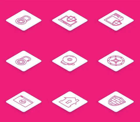 Set line Safe combination lock wheel, Laptop protected with shield, SD card and 库存插图