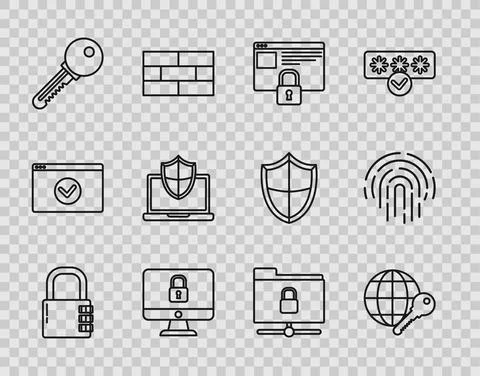 Set line Safe combination lock, Globe key, Secure your site with HTTPS, SSL Ilustração Stock