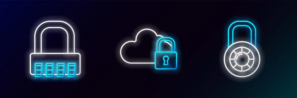 Set line Safe combination lock wheel, and Cloud computing icon. Glowing neon Ilustração Stock