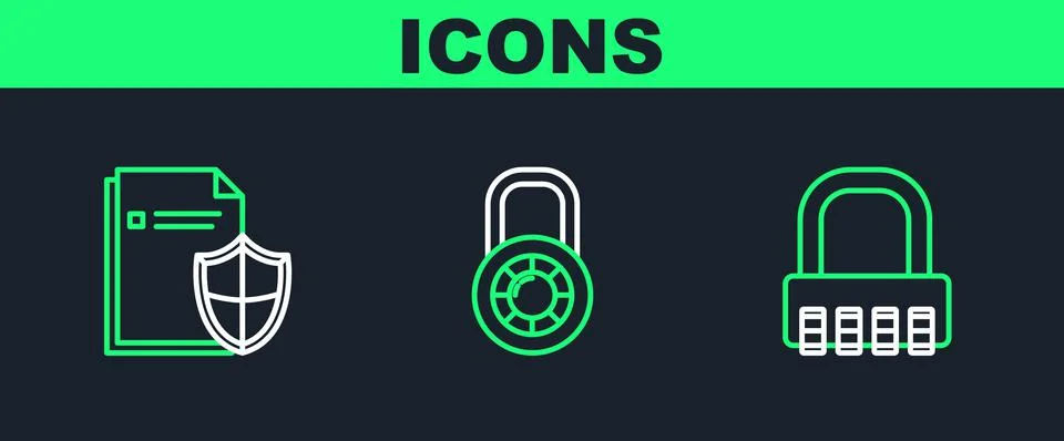 Set line Safe combination lock, Document protection concept and wheel icon. V Illustrazione stock