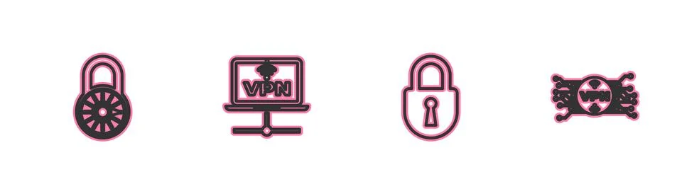 Set line Safe combination lock wheel, Lock, VPN Computer network and with Stock Illustration