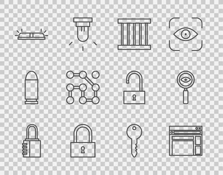 Set line Safe combination lock, Website template, Prison window, Lock, Flasher Stock Illustration