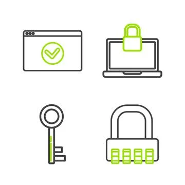 Set line Safe combination lock, Key, Laptop and and Secure your site with HTTPS Иллюстрация