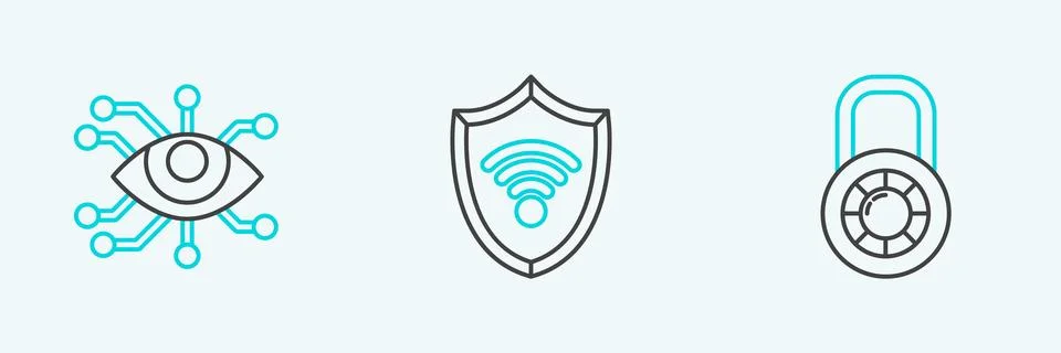 Set line Safe combination lock wheel, Eye scan and Shield with WiFi wireless Stockillustratie