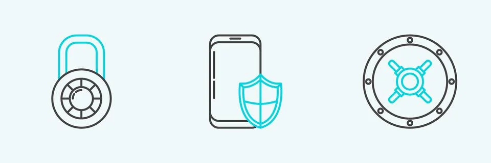 Set line Safe, combination lock wheel and Smartphone with security shield icon Stock Illustration