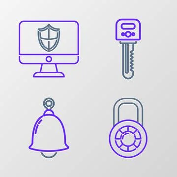 Set line Safe combination lock wheel, Ringing bell, Key and Computer monitor and Stock Illustration