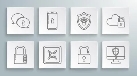 Set line Safe combination lock, Smartphone with, Open padlock, Computer monitor Stock Illustration
