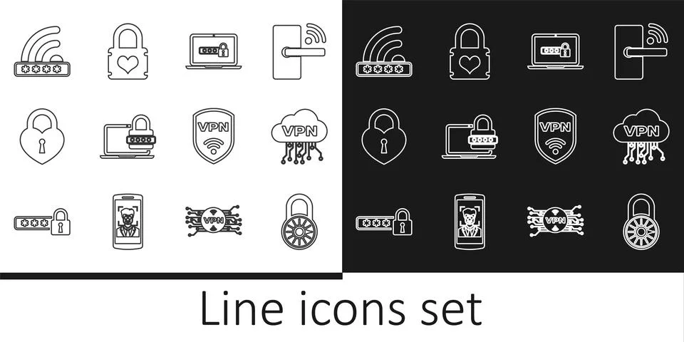 Set line Safe combination lock wheel, Cloud VPN interface, Laptop with password Stock Illustration