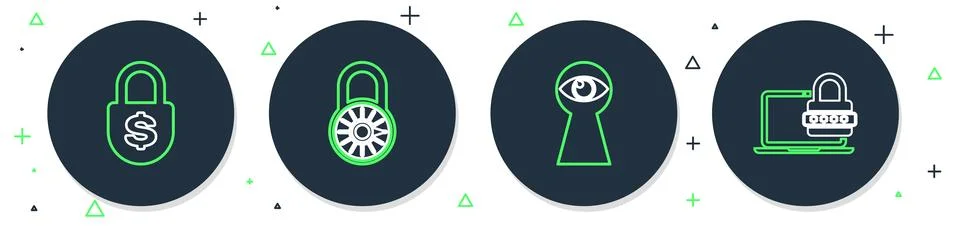 Set line Safe combination lock wheel, Keyhole with eye, Money and Laptop Stock Illustration