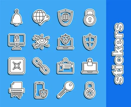 Set line Safe combination lock wheel, Laptop and, Shield, with world globe, Eye Stock Illustration