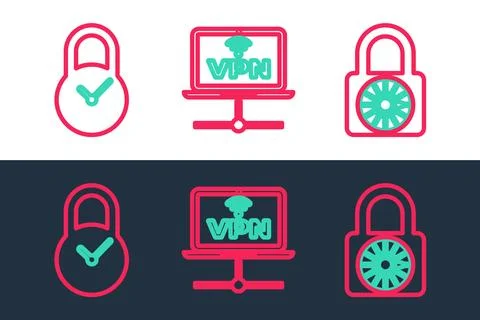 Set line Safe combination lock wheel, Padlock with clock and VPN Computer n.. Stock Illustration