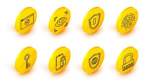 Set line Safe combination lock, Shield with world globe, Smartphone closed .. Stockillustratie