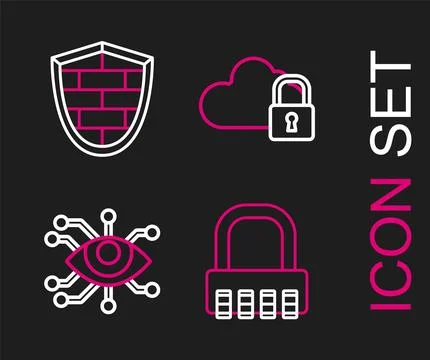 Set line Safe combination lock, Eye scan, Cloud computing and Shield with c.. Stock Illustration