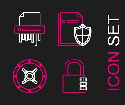 Set line Safe combination lock, Document protection concept and Paper shred.. Illustrazione stock