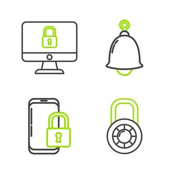 Set line Safe combination lock wheel, Smartphone with closed padlock, Ringi.. Stock Illustration