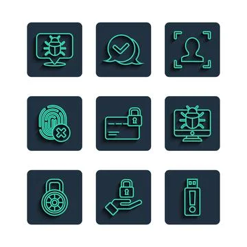 Set line Safe combination lock, Lock hand, USB flash drive, Face recognitio.. Illustrazione stock